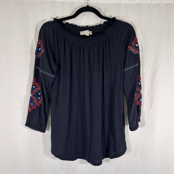 LOFT Blouse Women's Small Blue Long Sleeve Embroidered Sleeve Stretchy Neckline - Picture 1 of 9